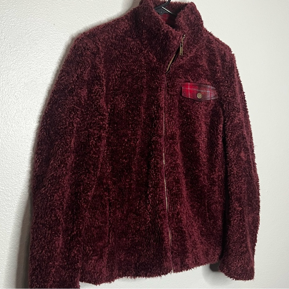 Pendleton Sherpa Full Zip Jacket Women Small Maroon Plaid Detail Pocket Outdoor - Picture 3 of 9